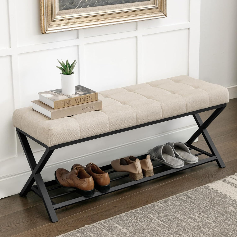 LUE BONA 44.5” End of Bed Bench with Shelf, Linen Tufted Upholstered Storage ...