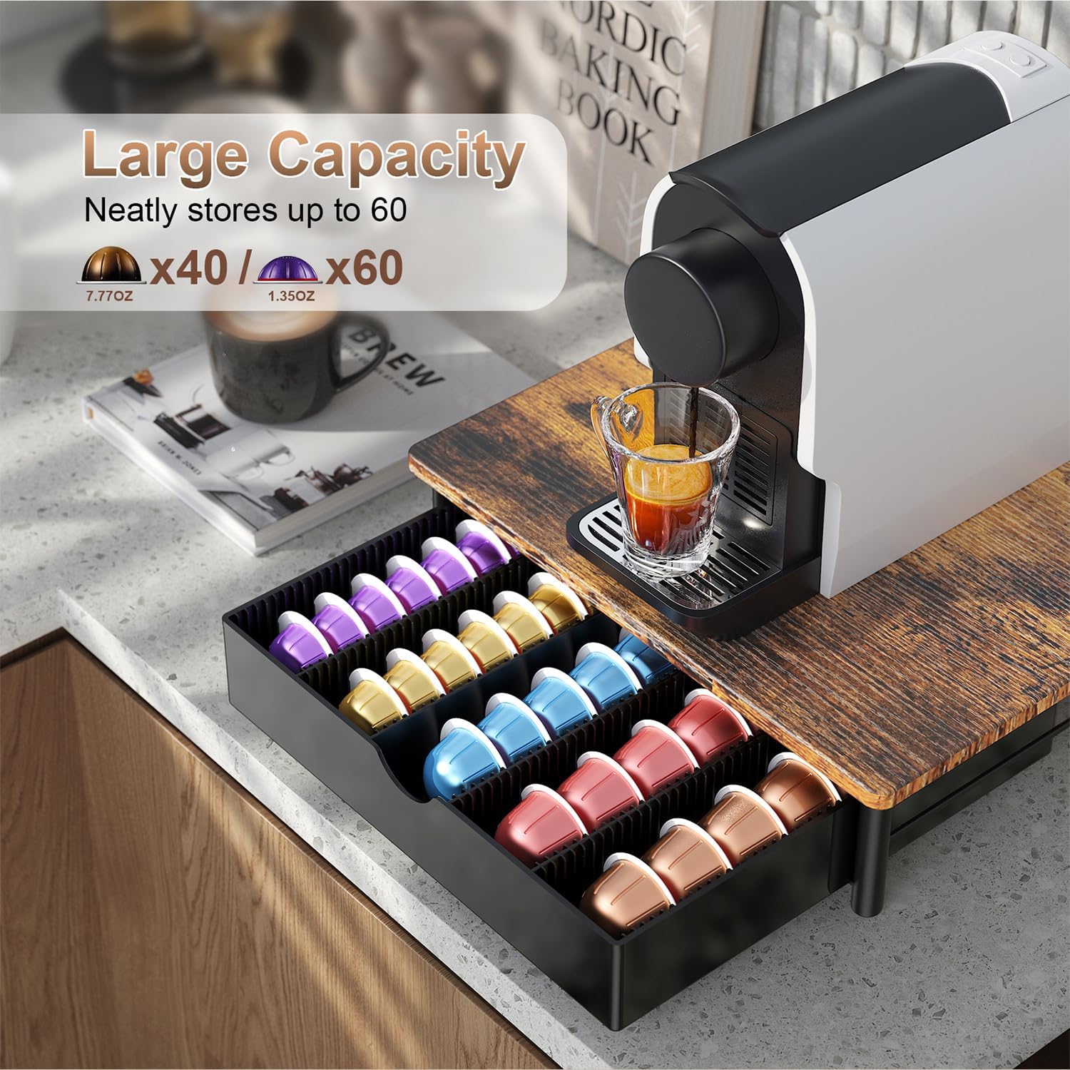 Coffee Pods Drawer Organizer Compatible with Nespresso Vertuo Pods Holds Up to 60 Small or 40 Large (Wood)