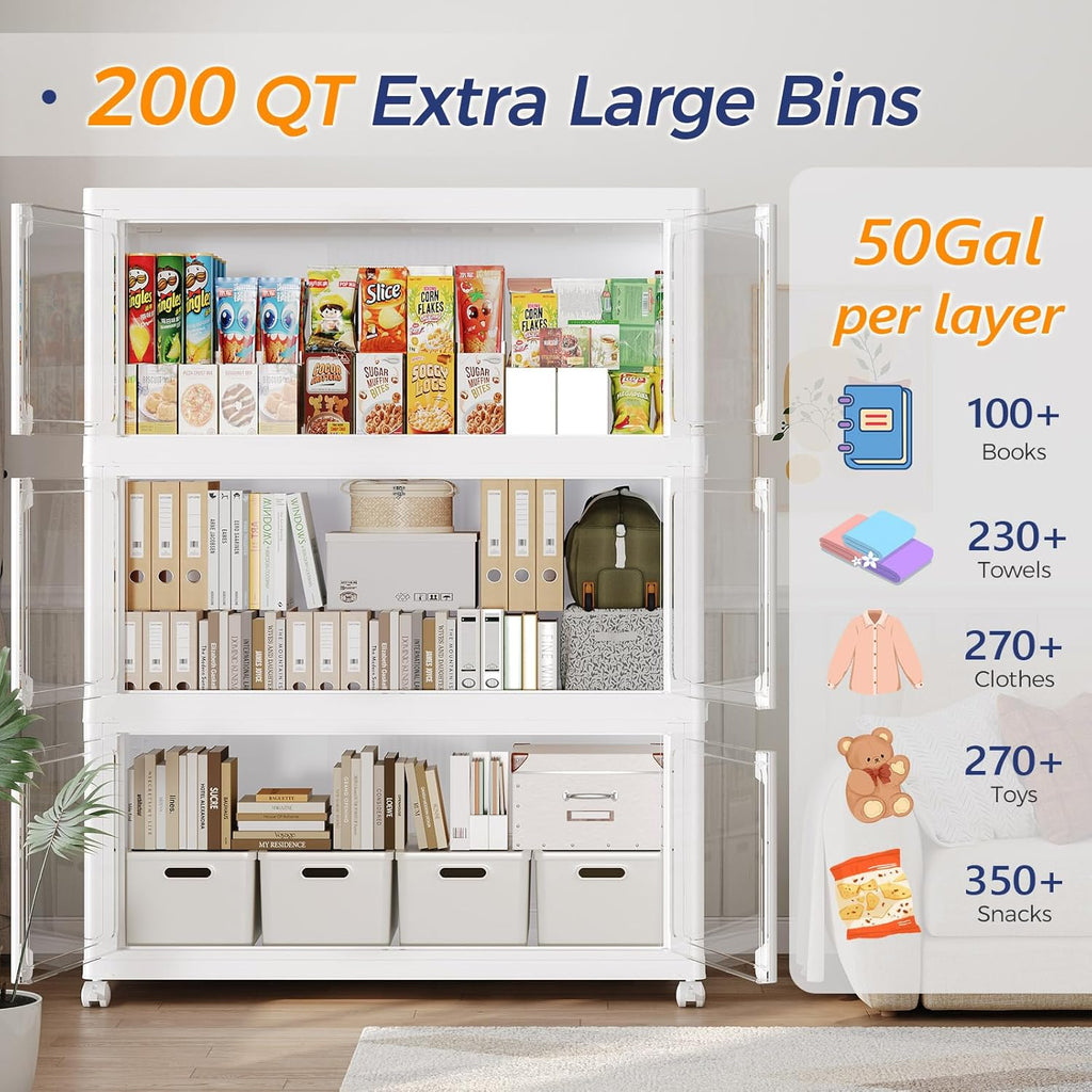 600Qt Stackable Storage Bins with Lid and Wheels, 150Gal Plastic Closet Organizer and Storage Drawer, Large Collapsible Storage Box Cabinet with Clear Door for Home Kitchen Office, 5Pack White