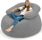 HABUTWAY Giant Bean Bag Chair, Oversized Beanbag Chair with Filler, Ultra Soft Teddy Fleece Bean Bag Lounge Floor Sofa w/U-Shaped Pillow for Gaming, Reading, Light Grey & Light Grey
