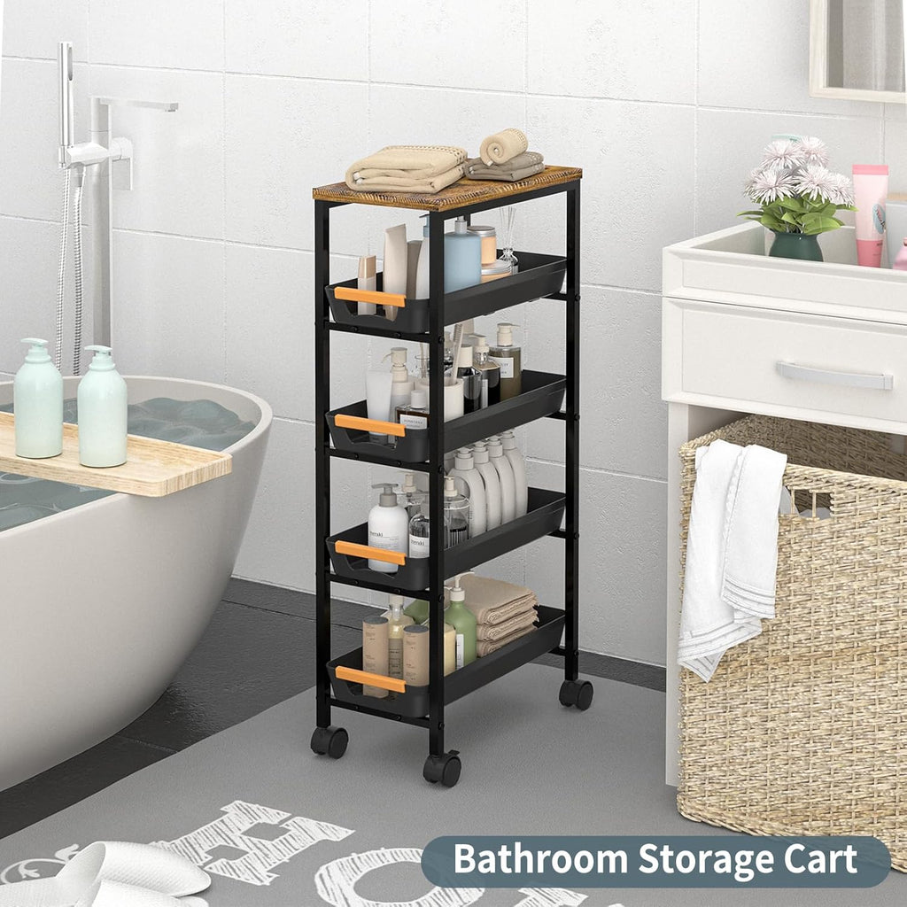 5 Tier Slim Rolling Utility Cart with Drawers Pull-Out Design Slim Storage Cart with Metal Frame and Wooden Top for Narrow Space in Home Kitchen Bathroom Black (Width 8.1 Inches)