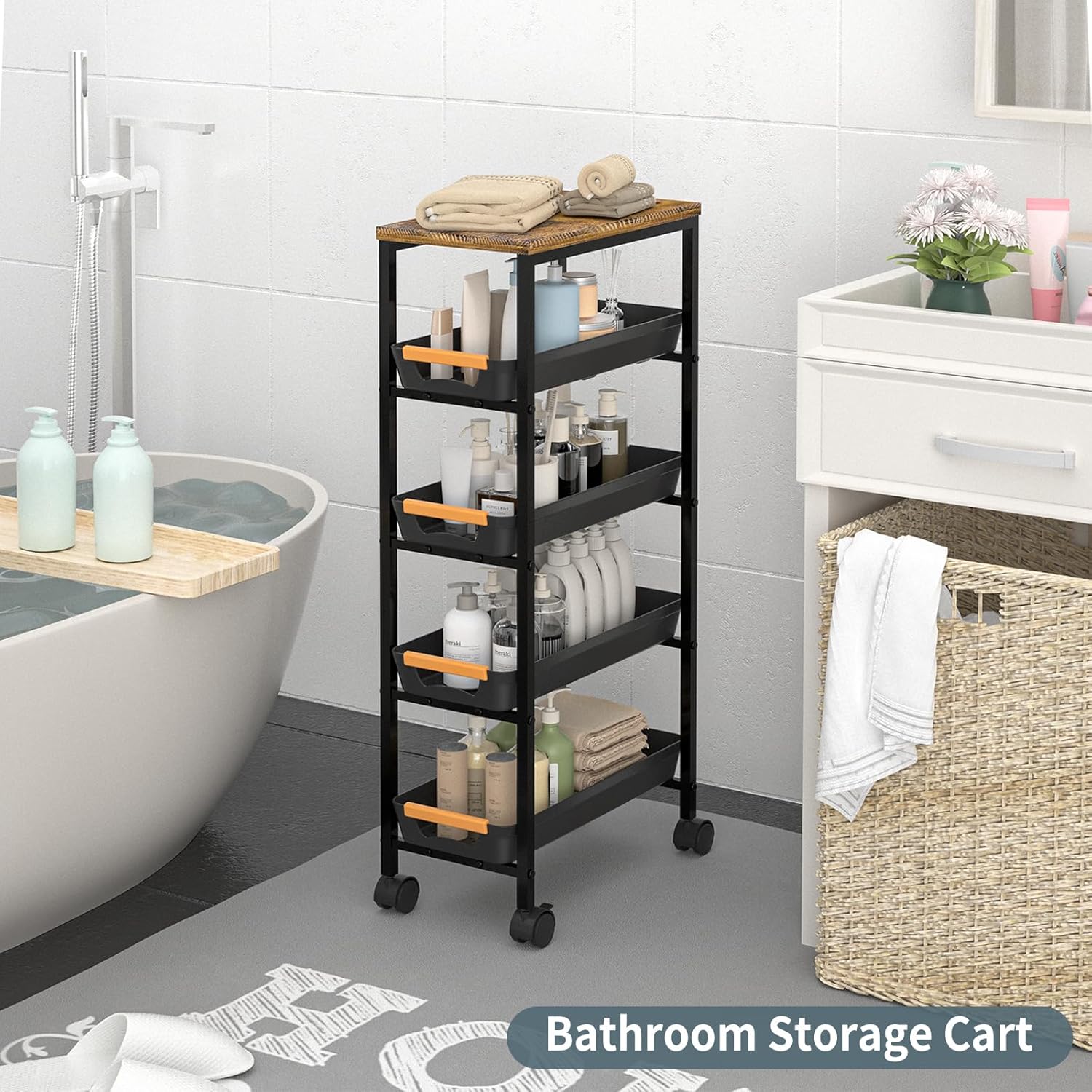 5 Tier Slim Rolling Utility Cart with Drawers Pull-Out Design Slim Storage Cart with Metal Frame and Wooden Top for Narrow Space in Home Kitchen Bathroom Black (Width 8.1 Inches)