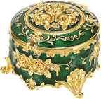 Hipiwe Vintage Metal Jewelry Box Small Ring Holder, Green with Gold Rose | Round Treasure Chest Keepsake Boxes, Trinket organizer for Earrings Necklace Gift for Women