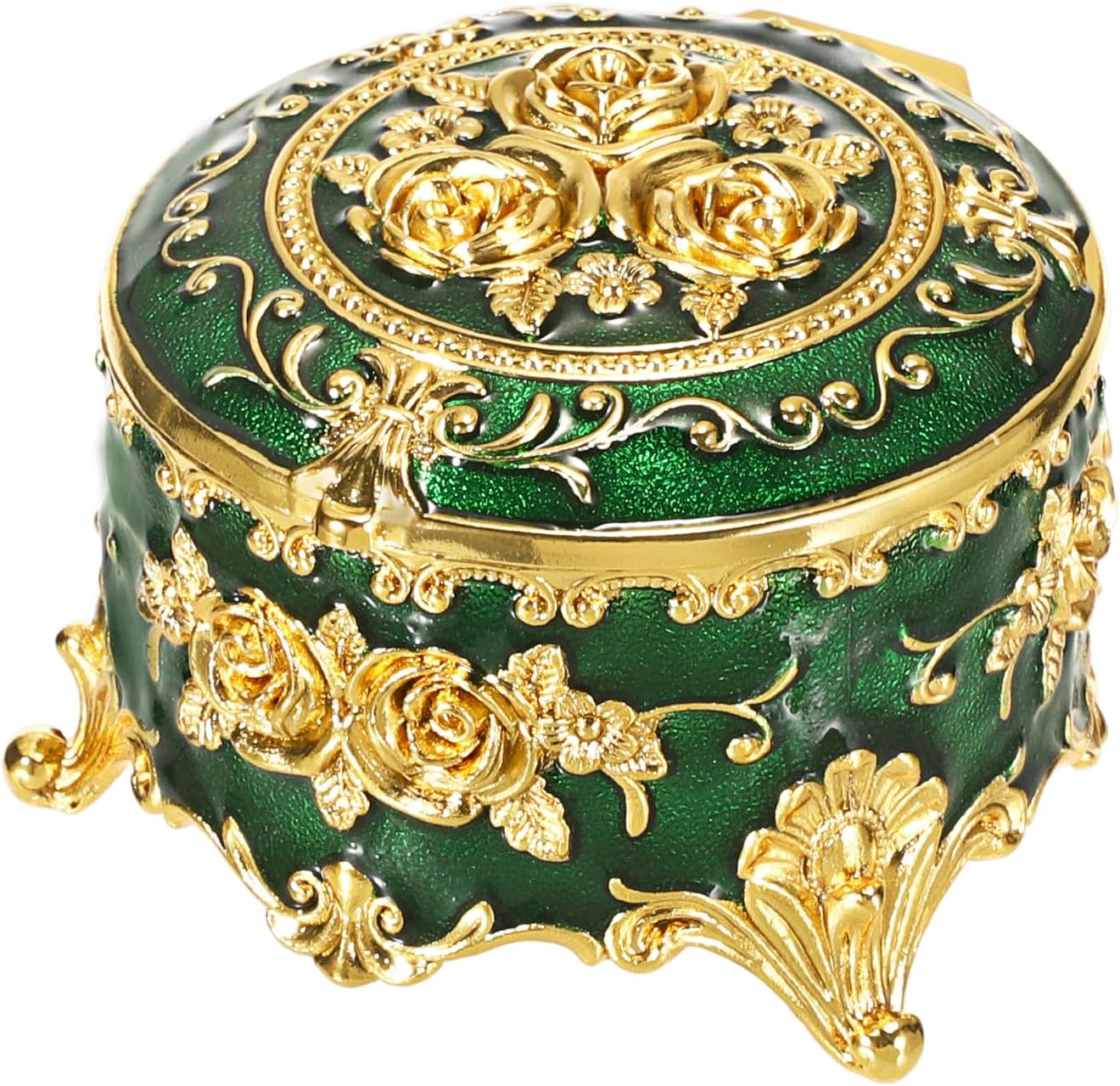 Hipiwe Vintage Metal Jewelry Box Small Ring Holder, Green with Gold Rose | Round Treasure Chest Keepsake Boxes, Trinket organizer for Earrings Necklace Gift for Women