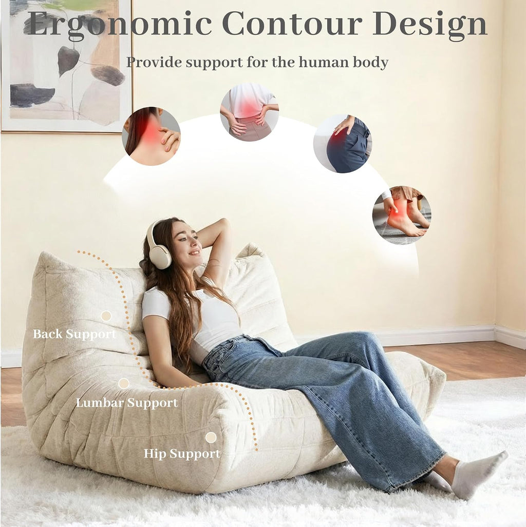 Kasunpul Bean Bag Chair, Giant Bean Bag Chairs for Adults, 2 Seater Lazy Bean Bag Sofa Memory Foam Couch, Loveseat Fireside Chair for Living Room, Bedroom, Office(Beige)
