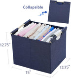 HOONEX Large Foldable Storage Bins, Linen Fabric, Pack of 2, Storage Baskets with Wooden Carry Handles and Sturdy Heavy Cardboard, for Home, Office, Car, Nursery, Blue
