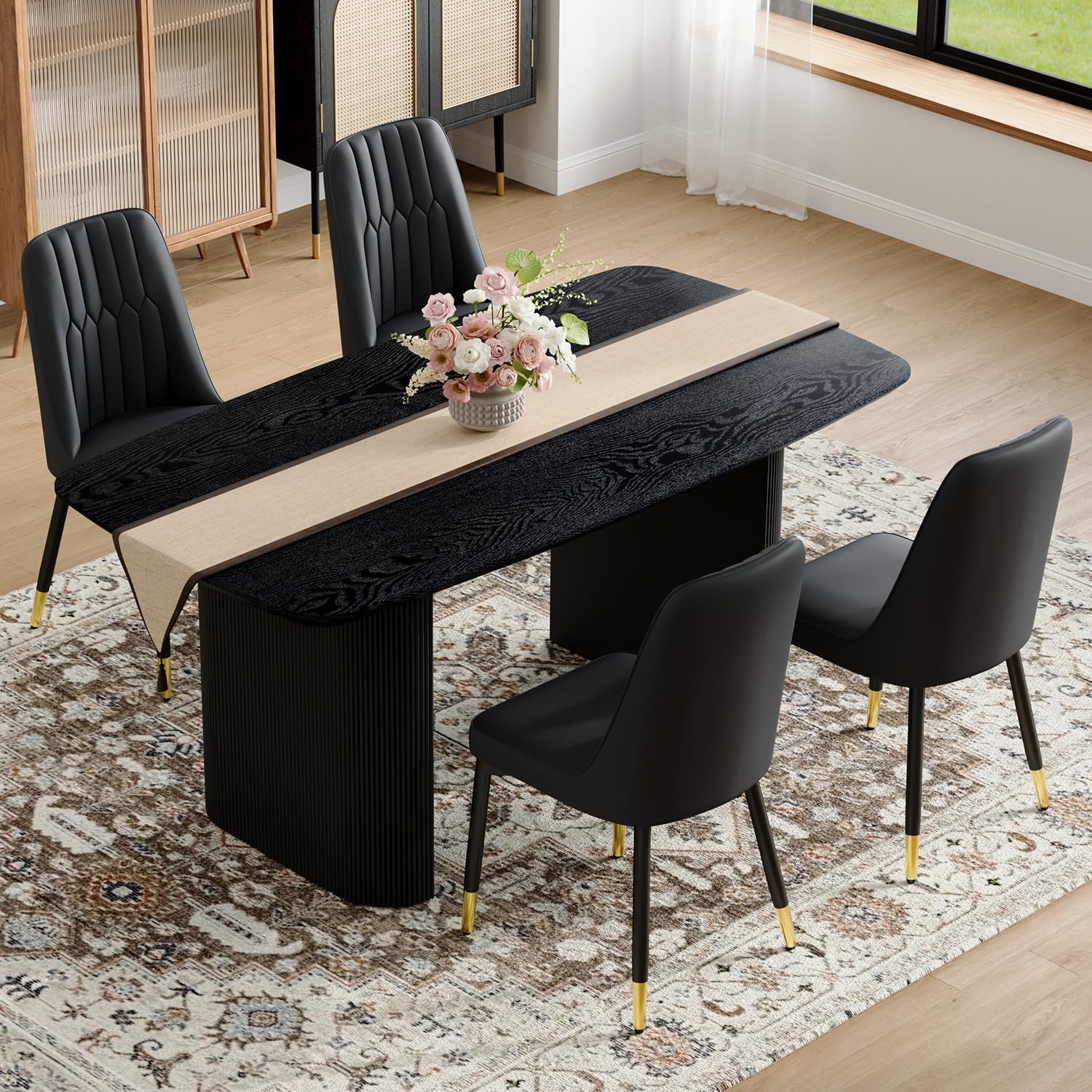 TesNus Modern Dining Table Set for 4, 67'' Black Dining Table Set with 4 Upholstered Metal Chairs, 3.5'' Oval Wood Top and Matte Black Pedestal Base, Rounded Corners Kitchen & Dining Room Table Set