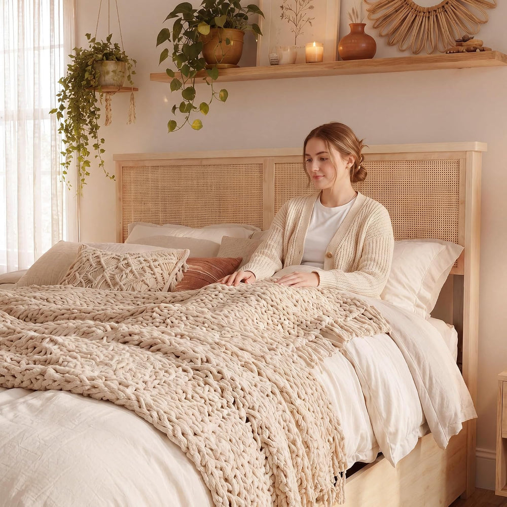 Brafab Natural Rattan Queen Bed Frame with Headboard, 4 Storage Drawers