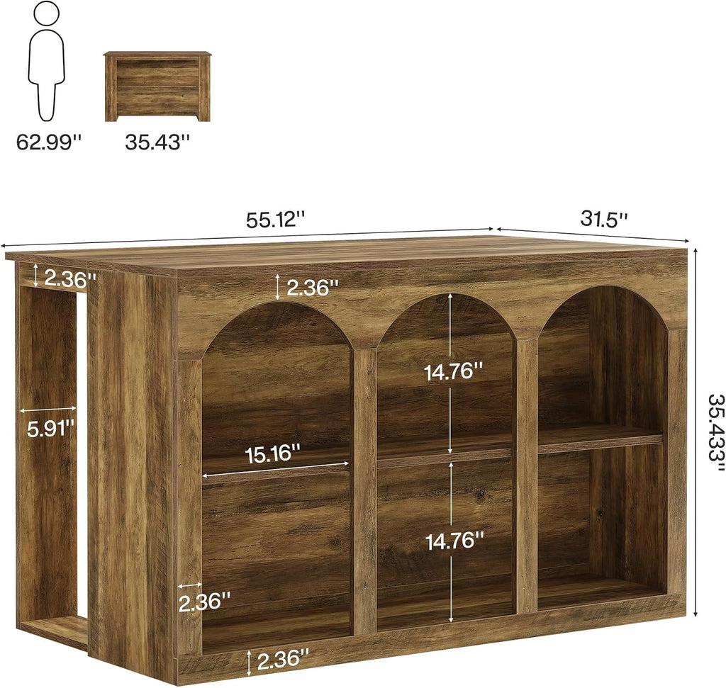 Tribesigns Kitchen Island with Storage, 55-in Counter Height Stationary Kitchen Table with 2-Tier Shelves & Large Worktop, Wooden Coffee Bar Table for Dining Room, Rustic Brown