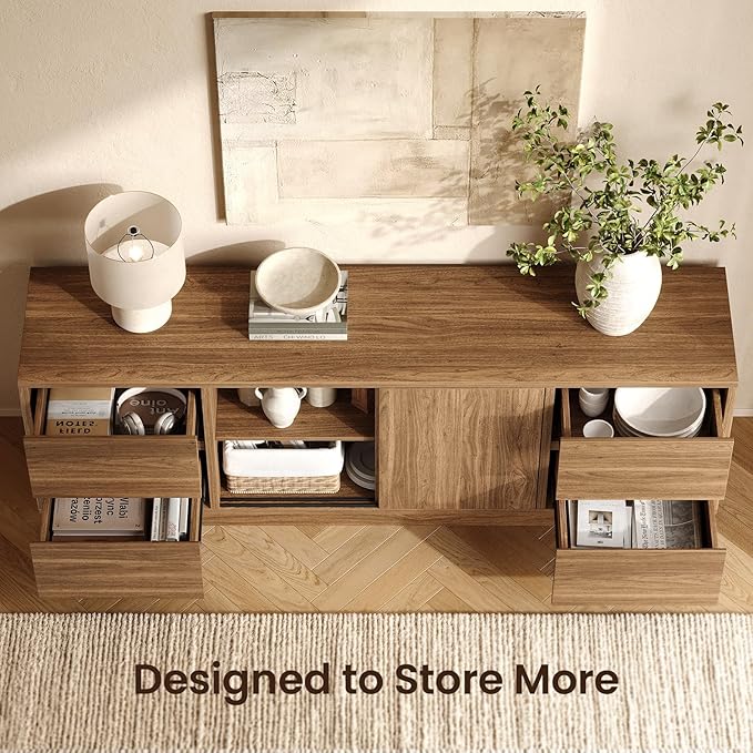70'' Wide TV Stand for TVs Up to 75'', Wood Entertainment Center with Sliding Doors and Drawers, Television Console Storage Cabinet with Adjustable Shelves for Living Room, Bedroom, Walnut