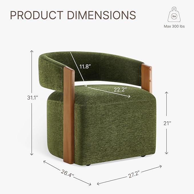 Upholstered Dining Chairs with Casters, Modern Barrel Side Armchair with Rollers & Wooden Armrest for Dining Room, Bedroom, Kitchen, Reading Room, Green, Set of 1