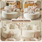 Lakifun Oversized Round Chair Lounge Chaise Indoor, Upholstered Corduroy Deep Seat Cloud Large Circle Sofa Chair, No Assembly Required, Fluffy Modern Sleeper Sofa Bed for Reading, Light White
