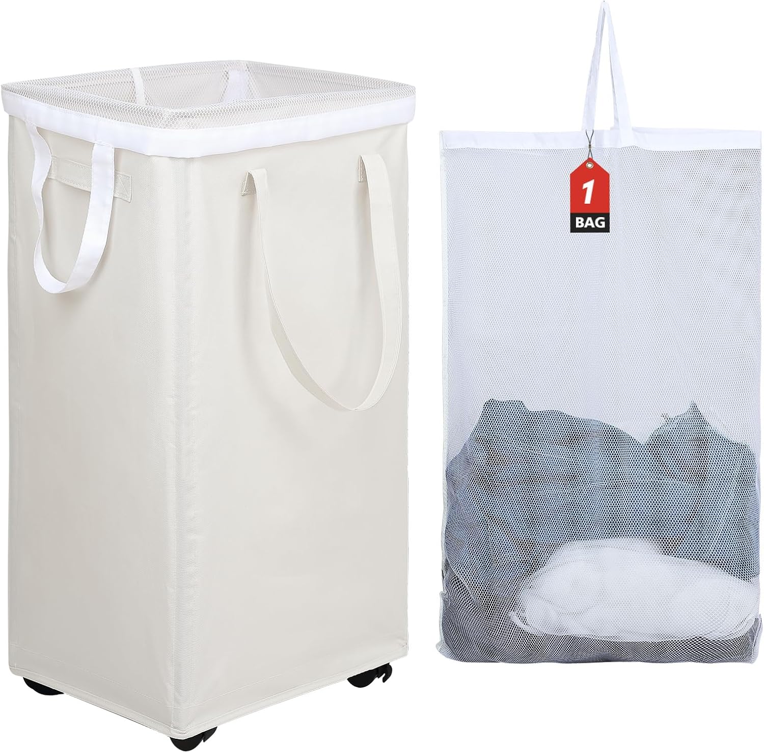 DOKEHOM 90L X-Large Laundry Basket with Removable Wash Bag on Wheels, Collapsible Rolling Laundry Hamper, Foldable Clothes Organizer, Folding Washing Bin (Beige)