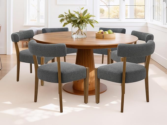 Modern Dining Chairs Set of 6, Walnut Upholstered Kitchen & Dining Room Chairs, Mid Century Wooden Dining Chairs Oversized Sturdy Fabric Rounded Chairs Curved Back, Dark Grey