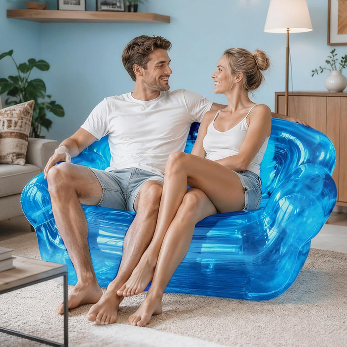 Double Seat Inflatable Couch Blow Up Couch for Camping, Outdoor Transparent Inflatable Sofa, Folding Portable Air Couches, Beach Blow Up Lounger Furniture for Adults Indoor Use for Movie Night Blue