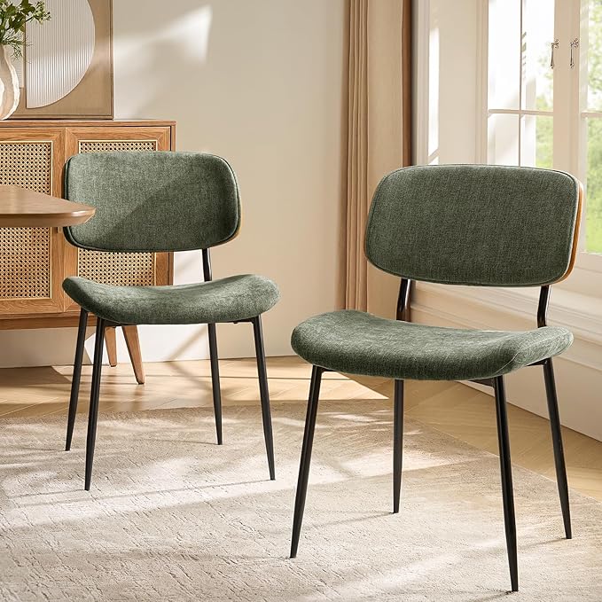 HULALA HOME Dining Chairs Set of 2 Mid-Century Modern Upholstered Kitchen Dining Room Chairs with Wood Curved Backrest, Black Metal Legs Fabric Dinner Chair for Living Room Cafe Restaurant Moss