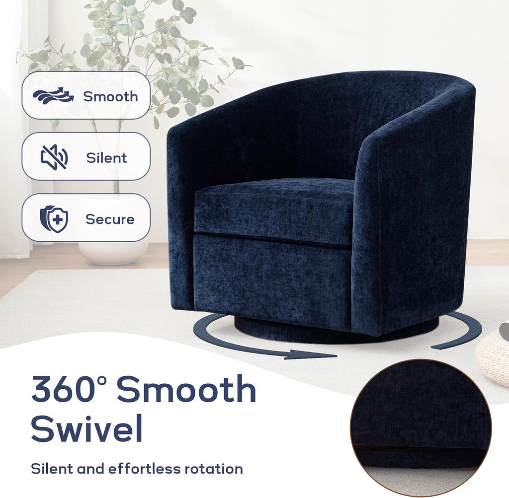 Zihanhome Chenille Swivel Accent Chair, Living Room Chairs, No Assembly Upholstered Armchair, 360°Rotating Barrel Chair for Bedroom, Apartment & Reading Nook (1, Dark Blue)