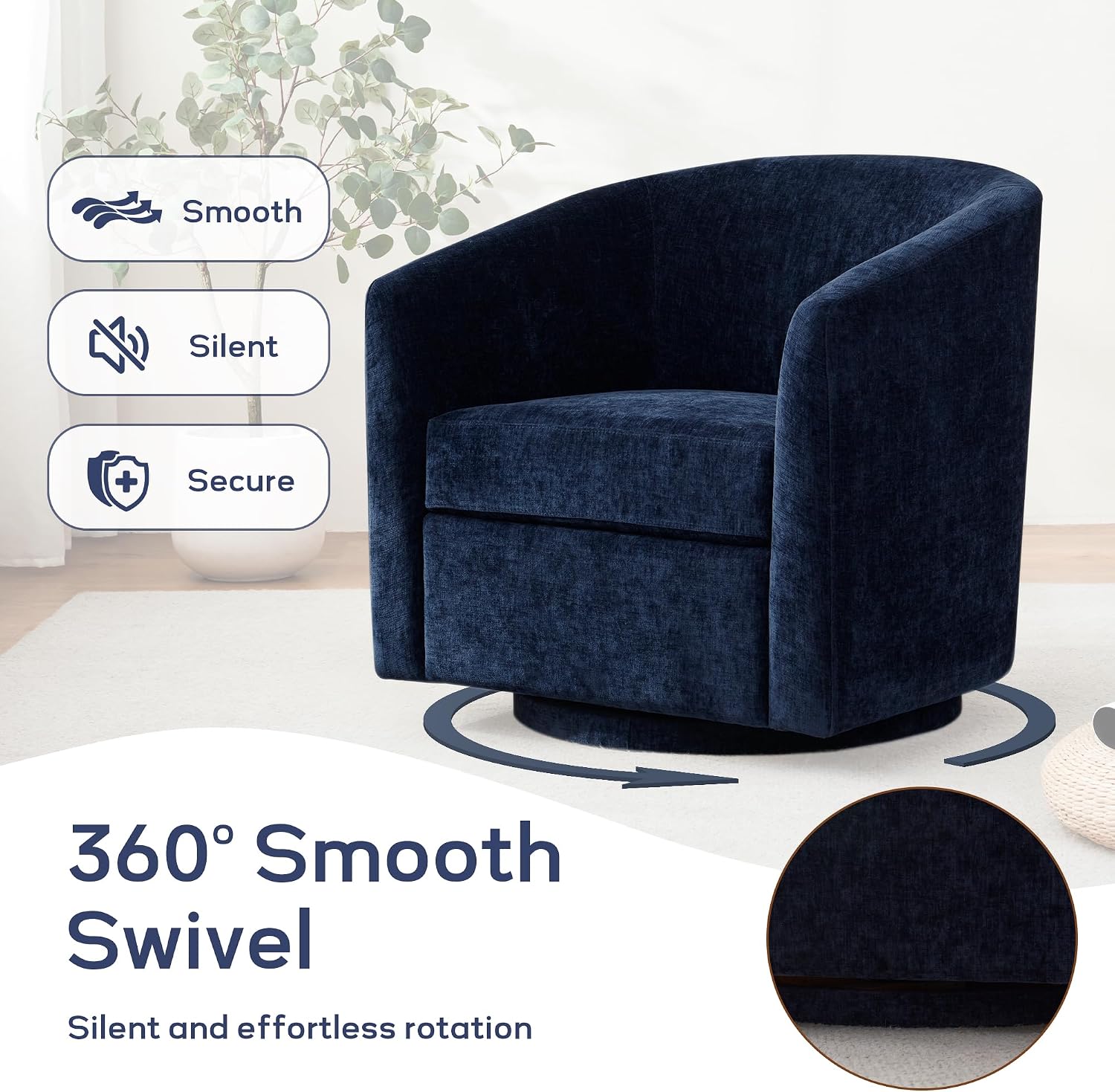 Zihanhome Chenille Swivel Accent Chair, Living Room Chairs, No Assembly Upholstered Armchair, 360°Rotating Barrel Chair for Bedroom, Apartment & Reading Nook (1, Dark Blue)