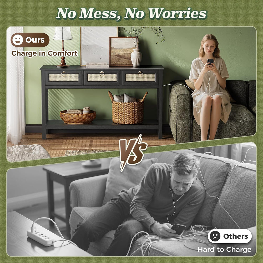 SUPERJARE Rattan Console Sofa Table with Outlets, USB-C Port and 3 Drawers | ...