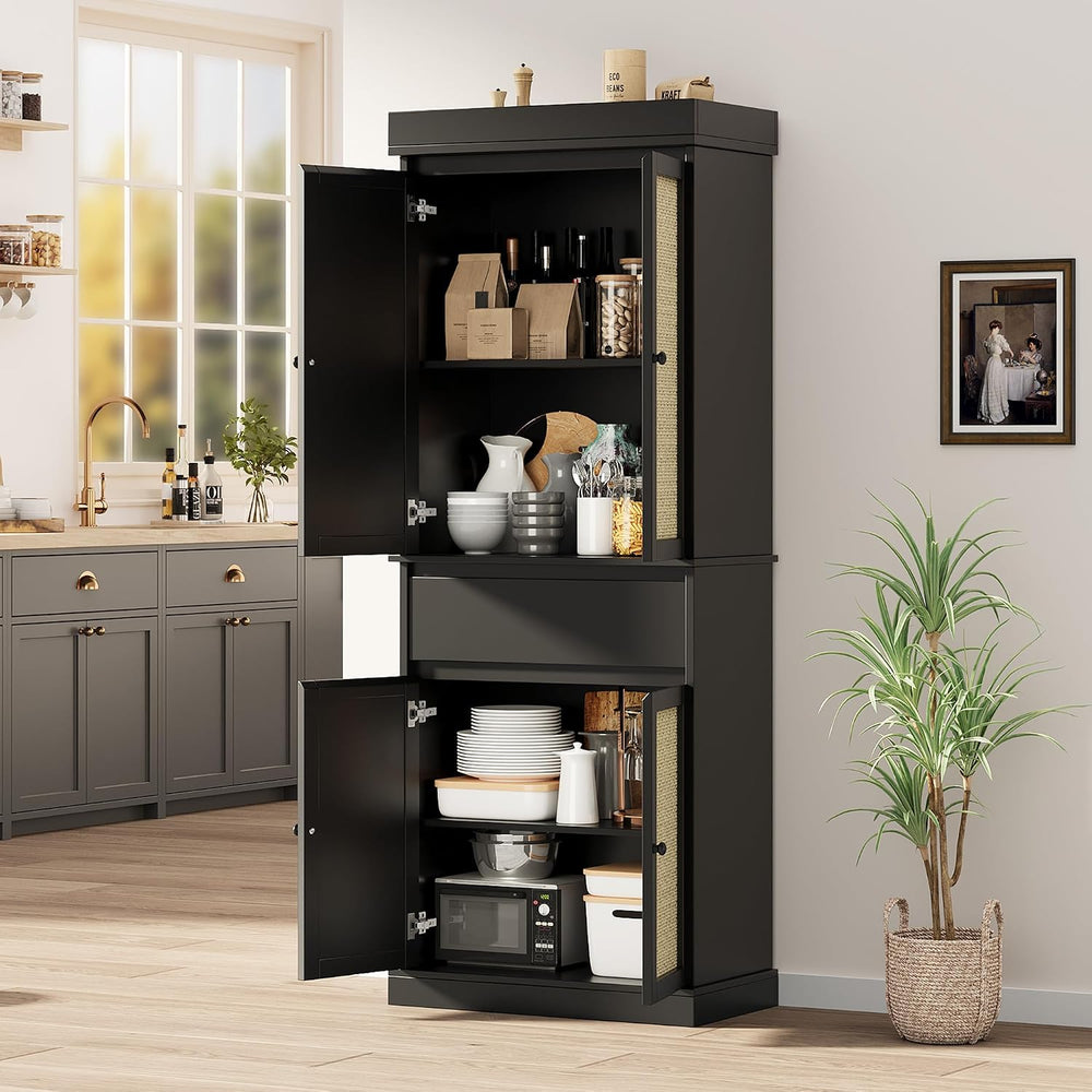 69'' Tall Pantry Cabinet - 4 Rattan Doors, Drawer, and 2 Adjustable S...
