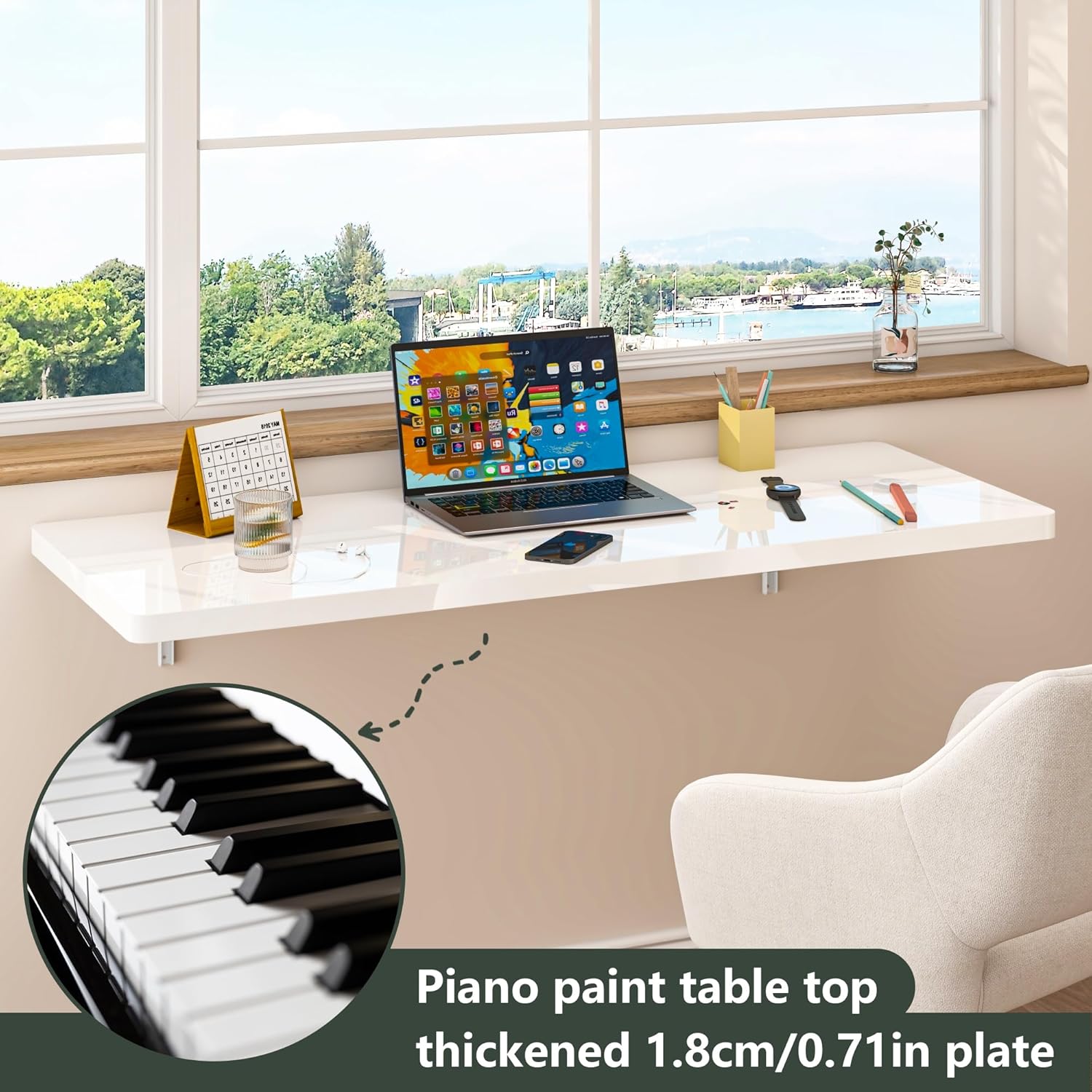 Clikuutory Wall Mounted High Gloss Folding Table, Wall Desk Fold Down for Small Spaces, Folding Workbench for Laundry Room, Home Office, Kitchen, Bedroom, Home Bar, White (47.2"×19.7")