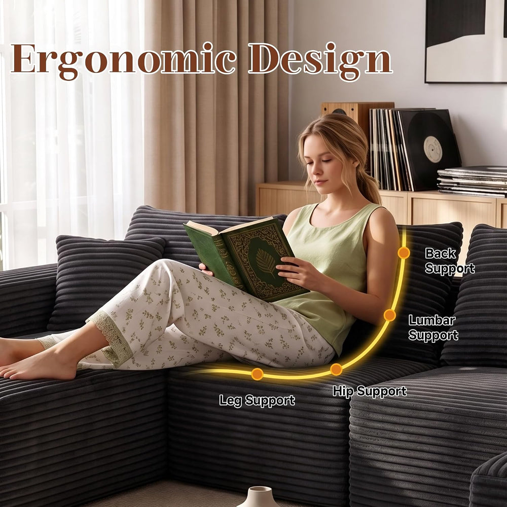 118 Inch U-Shaped Sectional Couch, Grey (Right Facing Chaise) | Corduroy Modu...