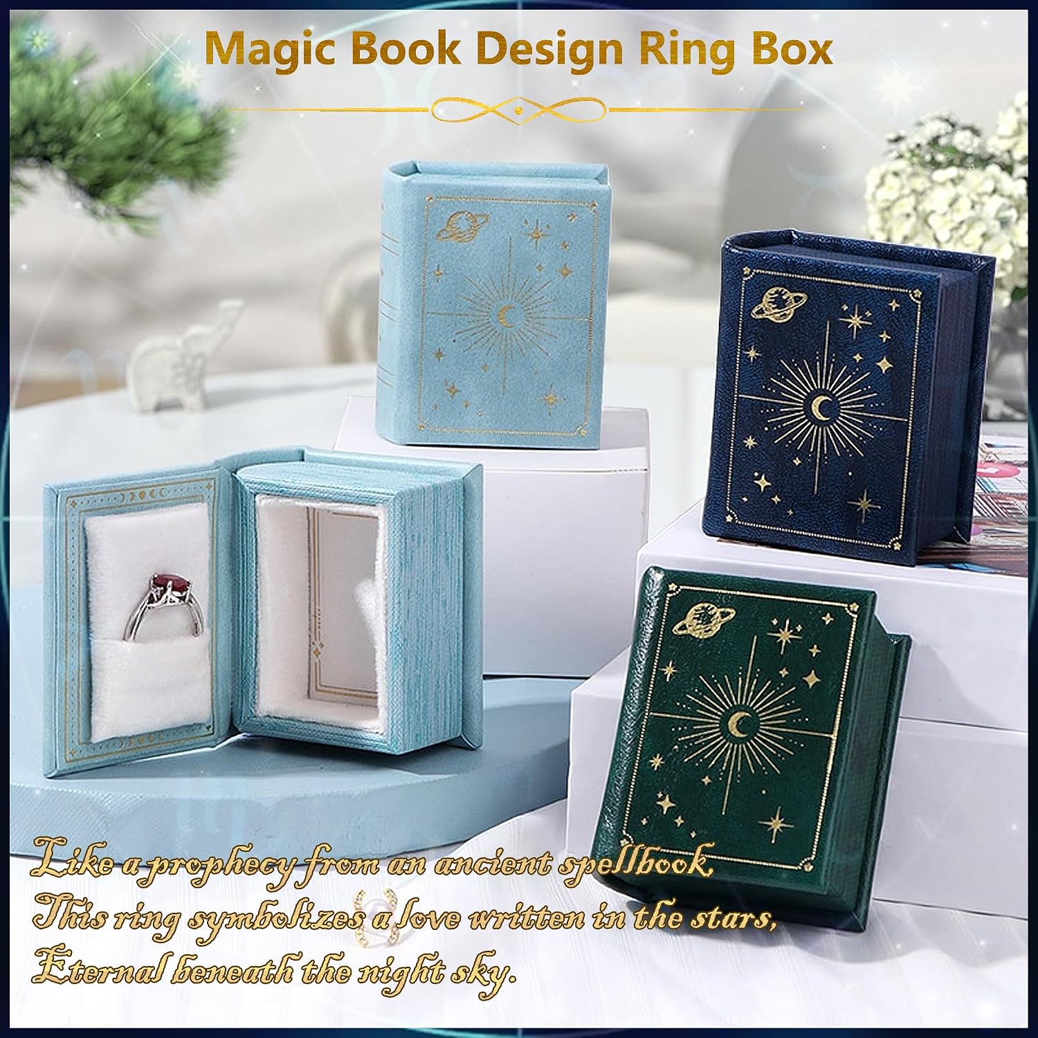Vintage Magic Book-Shaped Ring Box Starry Sky Pattern PU Leather with Magnetic Closure for Proposal Engagement Gift (Green)