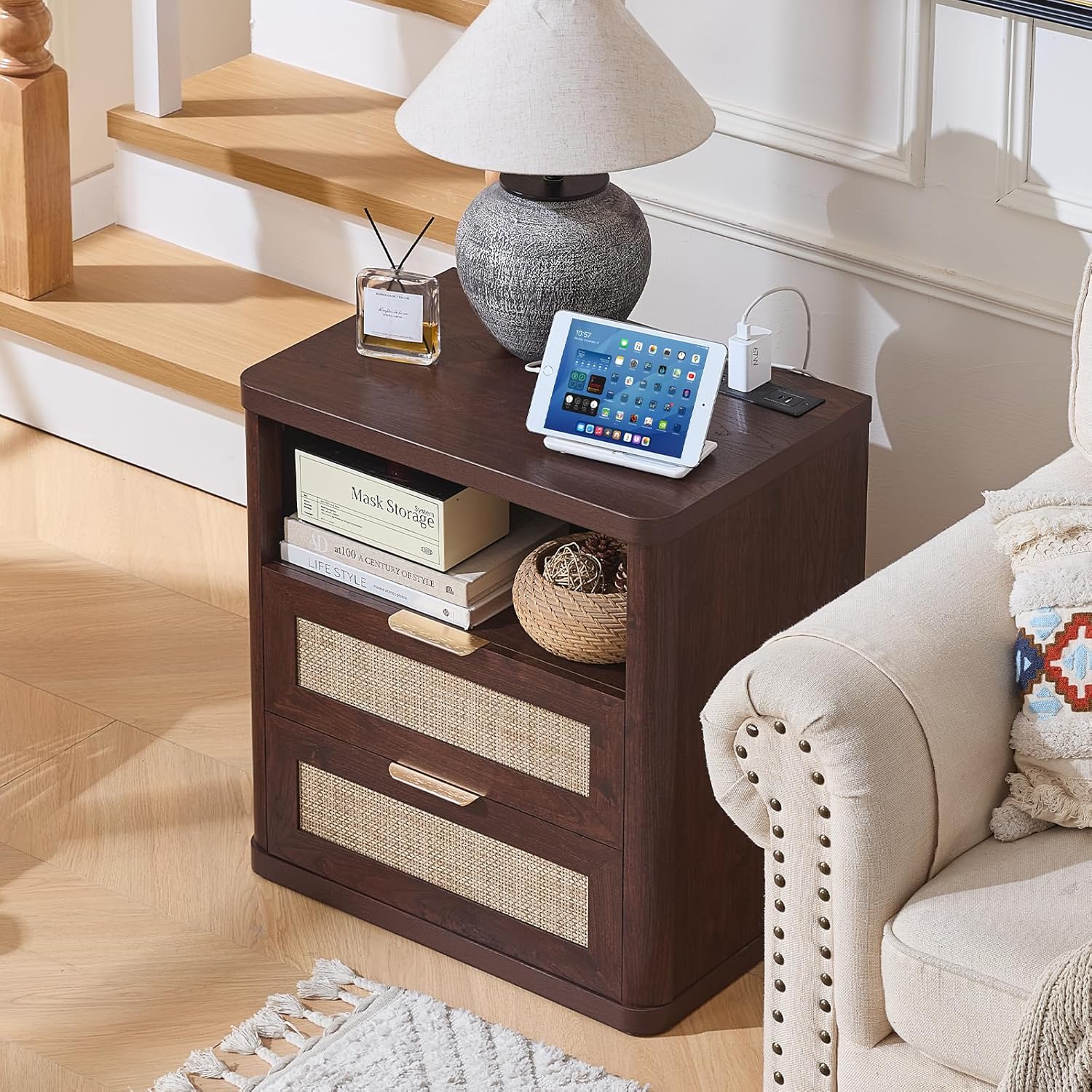 LEYAOYAO Rattan Nightstands with Charger Station, 23" Wide Boho Night Stand with 2 Drawers, Bedside Table Open Shlef, Bed Side End Table Dresser for Bedroom, Living Room Hallway, Walnut