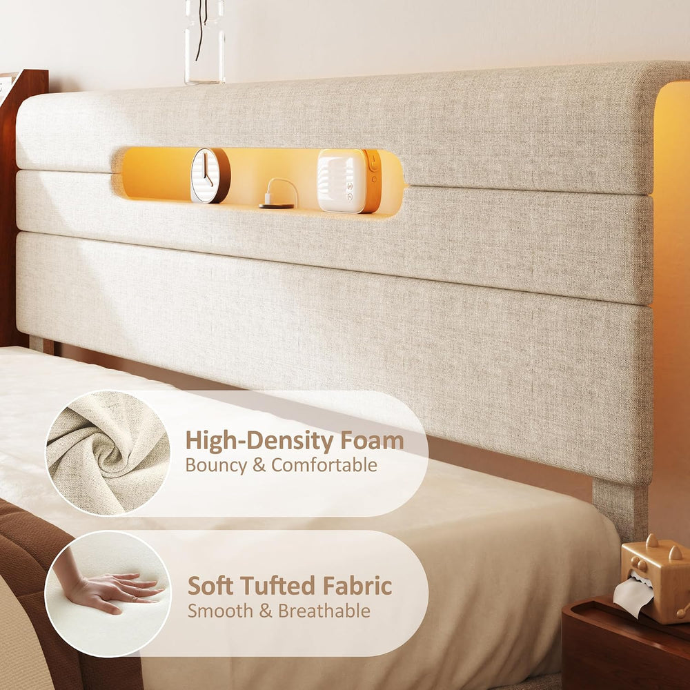 Sismplly Full Bed Frame with Linen Headboard, Platform Bed Frame with Upholst...