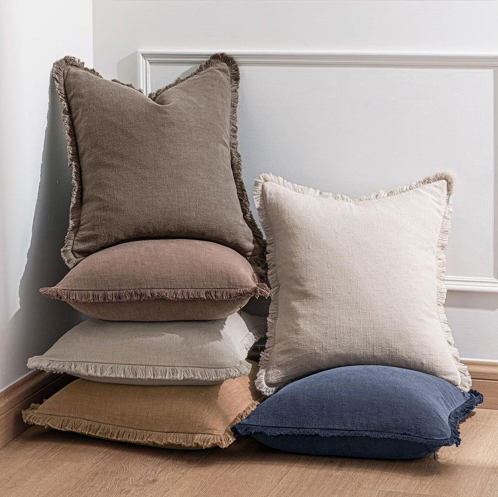 24x24 Inch Set of 2 Euro Linen Fringe Throw Pillow Covers,Coffee