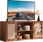 LEYAOYAO Rattan TV Stands for Living Room, Boho TV Cabinet with Storage and Open Shelf, Rustic Wood Entertainment Center, Media Console for 50-65 Inch TV, Tea Brown
