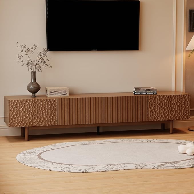 86.61" Mid-Century Modern TV Stand, Walnut Entertainment Center for TVs Up to 85", Media Console with 4 Doors & Large Storage, Sturdy Wooden Legs & Cable Management for Living Room