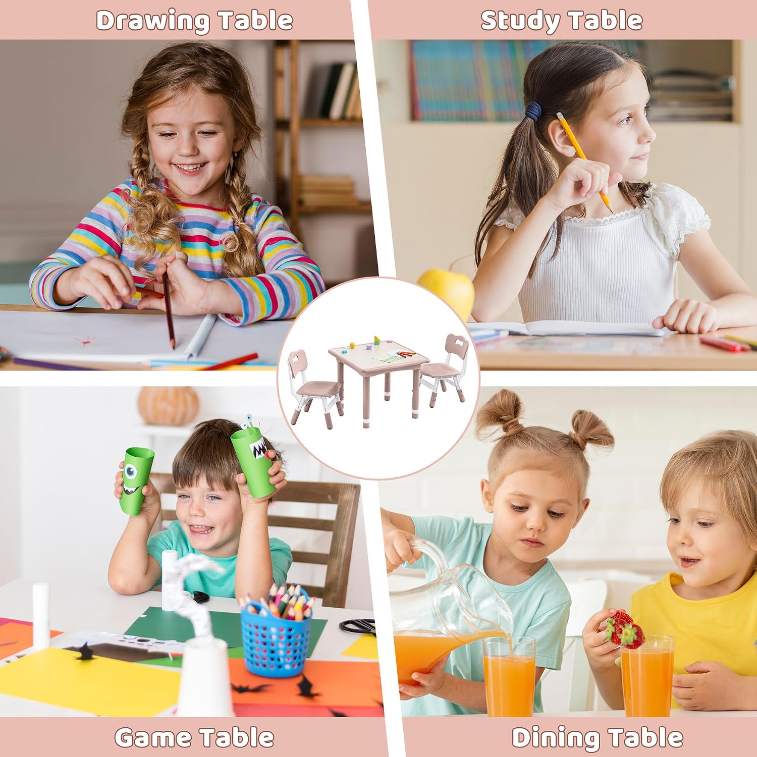 DOREROOM Kids Table & 2 Chairs, Height Adjustable (17.7"-26.1"), Pink-W | Graffiti Desktop,Table Supports 300 lbs,Toddler Ages 3-8，Children Multi-Activity Table Set for Playroom, Daycare, Classroom
