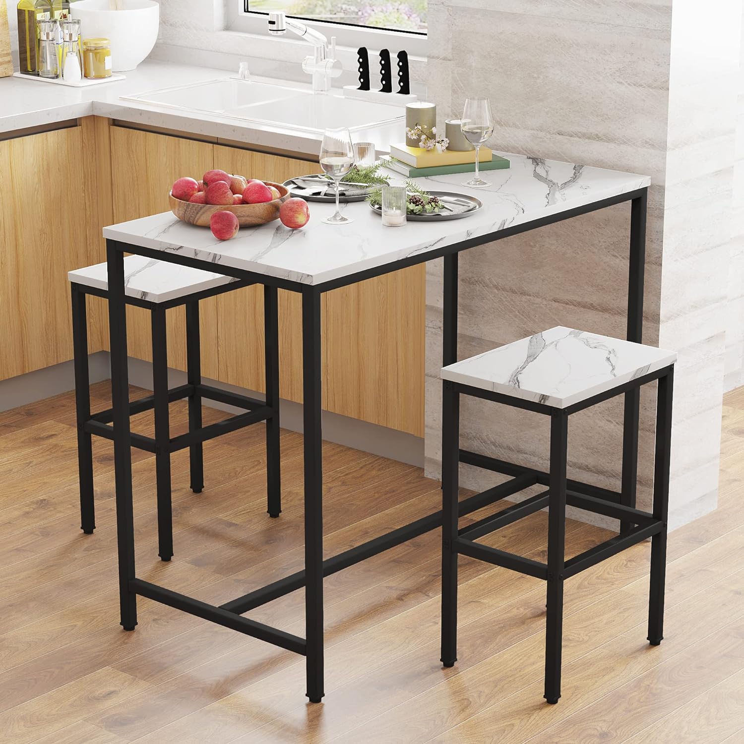 Yongchuang 3 Piece Bar Table Set, White Bar Table and Chairs Set for 2, Modern Counter Height Bar Table with 2 Stools for Kitchen, Dining Room High Top Breakfast Table Faux Marble Wood Top