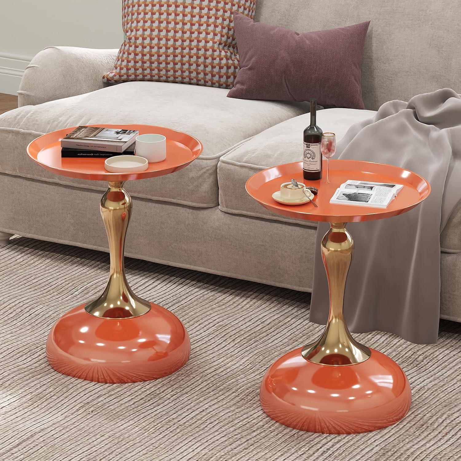 2-Pack Hermes Orange Sleek Hourglass Side Table - Glossy Finish & Metallic Accent | Contemporary End Table for Living Room & Home Decor Spaces