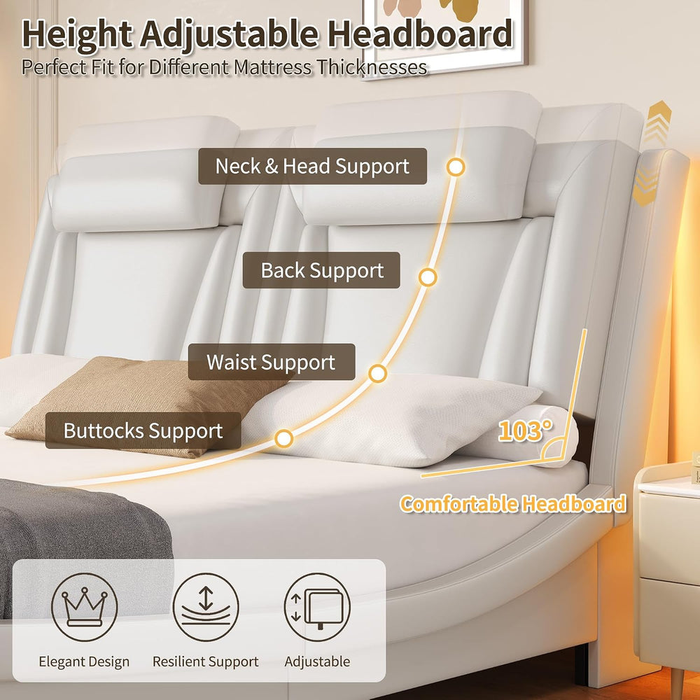 Keyluv King LED Upholstered Bed Frame with Adjustable Headboard, White
