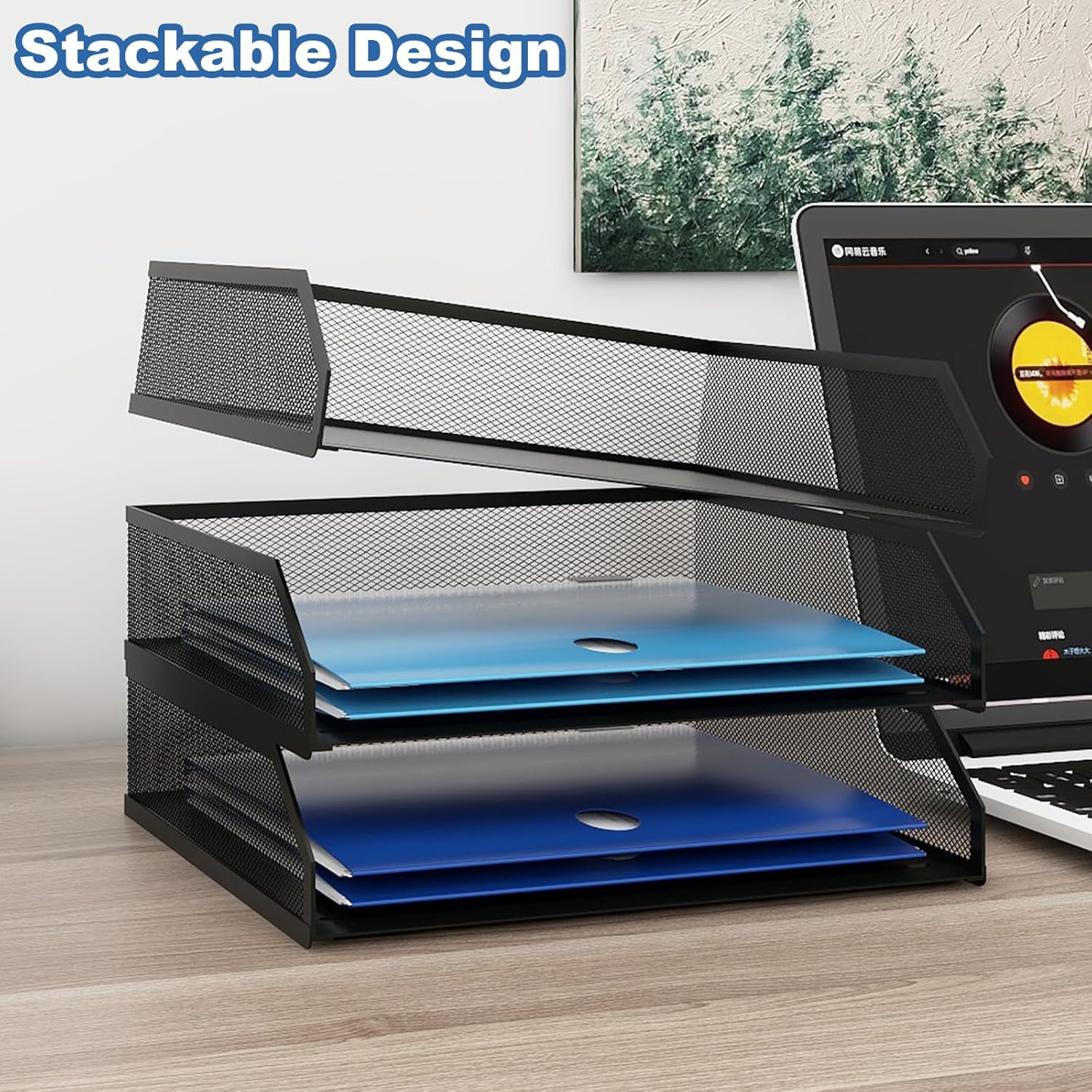 Natwind 3-Tier Stackable Paper Tray, Metal Mesh Desktop Organizer, A4 Paper Sorter, Letter Trays,File Folder Sorter Organizer with Sliding Tray for Home, Office, School (Black)
