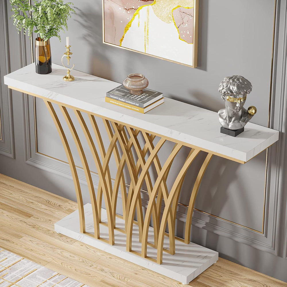 Tribesigns 59 inch Gold Console Table, Modern Entryway Table with Grid-Shaped...