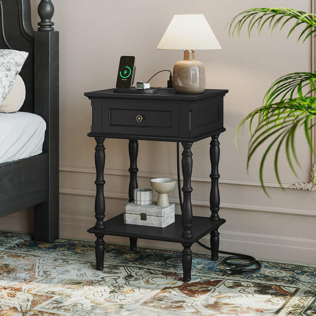 ARTPOWER Nightstands Set of 2 with Charging Station & Storage Shelf, Black | Small Retro Wood Beside Table for Bedroom, Living Room, Tree-Veneer, Minimal Assembly