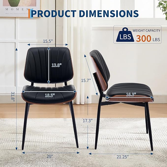 Garvee Dining Chairs Set of 6, Mid-Century Modern Upholstered Retro PU Leather Kitchen Chairs with Walnut Bentwood Back and Metal Legs Adjustable Feet for Kitchen Dining Room, Black Shell Strips