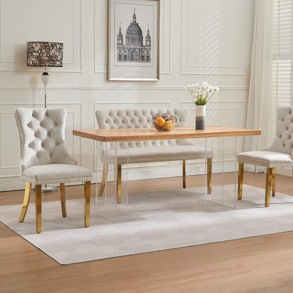 Velvet Upholstered Dining Bench with Back, 45.6'' Tufted Loveseat Bench with Gold Stainless Steel Legs, Mid-Century Modern Banquette Seating for Dining Room, Kitchen, Entryway, Beige