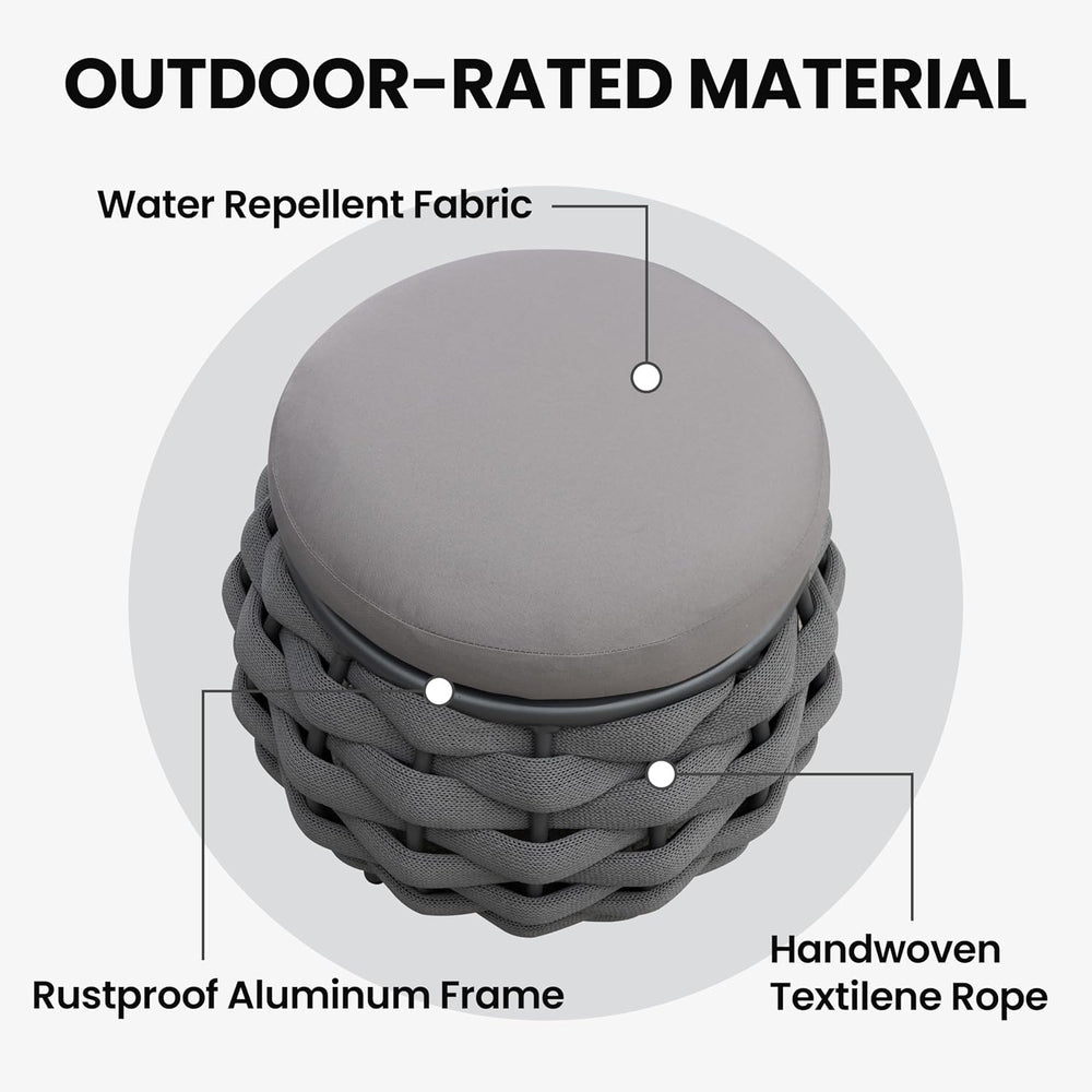 Round Patio Ottoman: Woven Textilene Rope Footstool with φ15.8'' Cush...