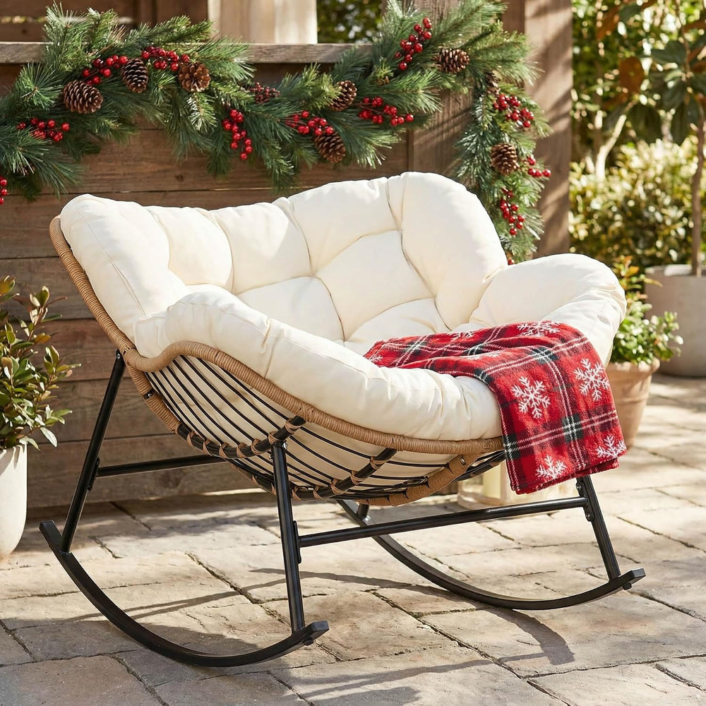 NICESOUL Papasan Rocking Chair with Cushion Indoor Outdoor, Oversized Padded ...