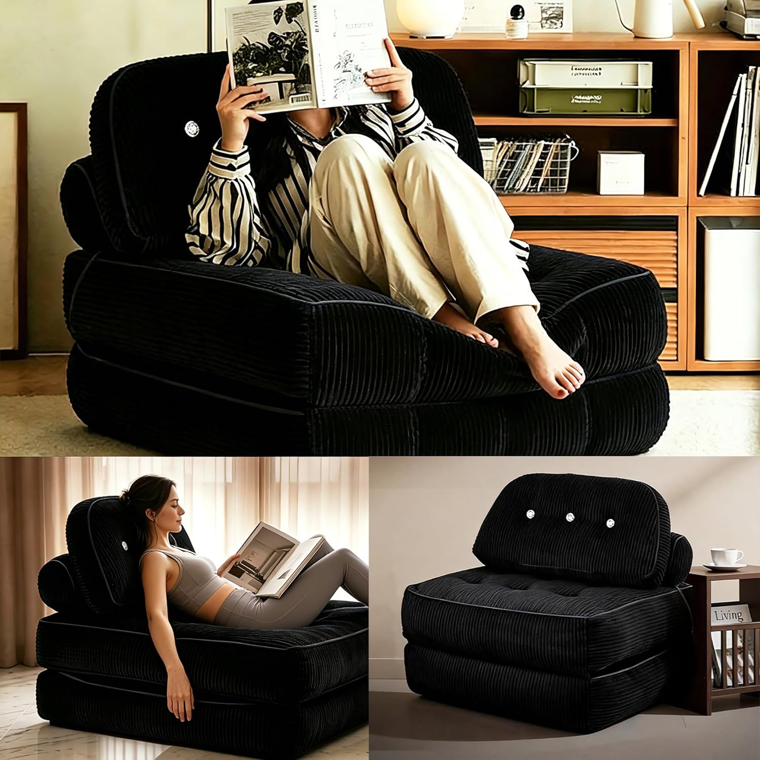 Folding Sofa Bed, Flannel Futon Couch Bed with Pillow and Blanket, Convertible Sleeper Chair for Small Space Apartment Guest Room, Black