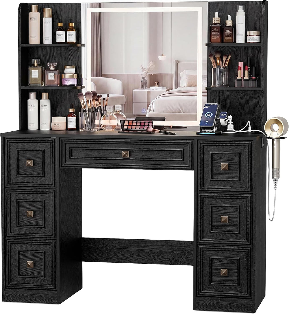 YESHOMY Makeup Vanity Desk,LED Mirror,Charge Hub,Hair Tool Organizer | UL Fas...
