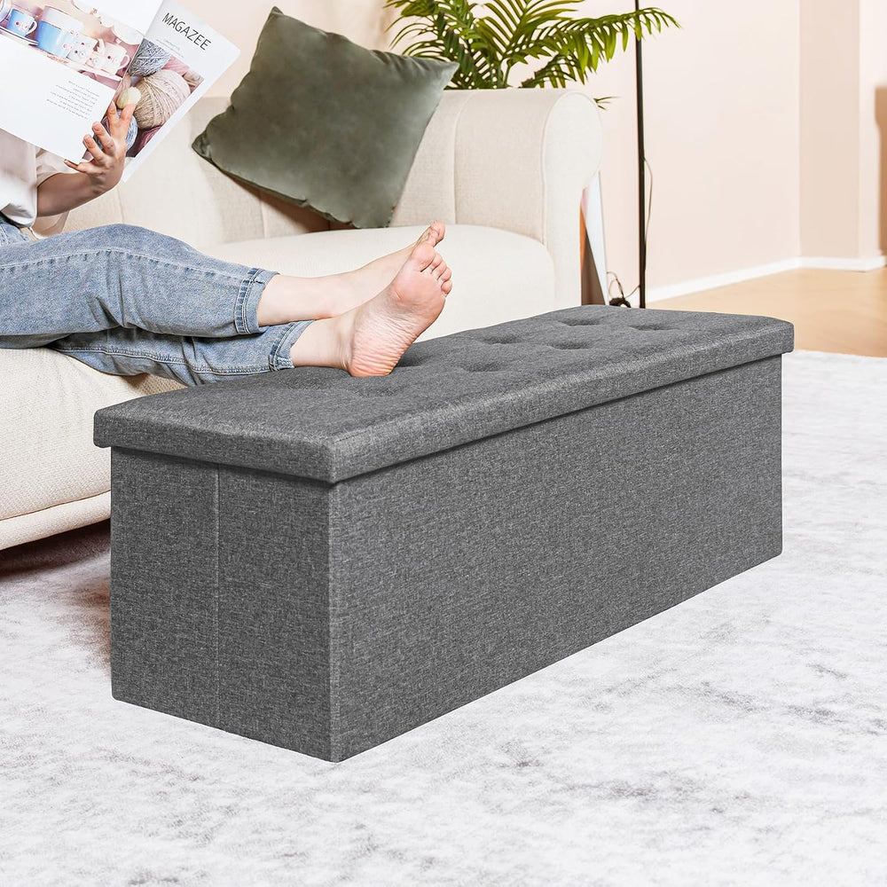 PINPLUS Folding Storage Ottoman Bench, Grey Linen | Linen Storage Chest with ...