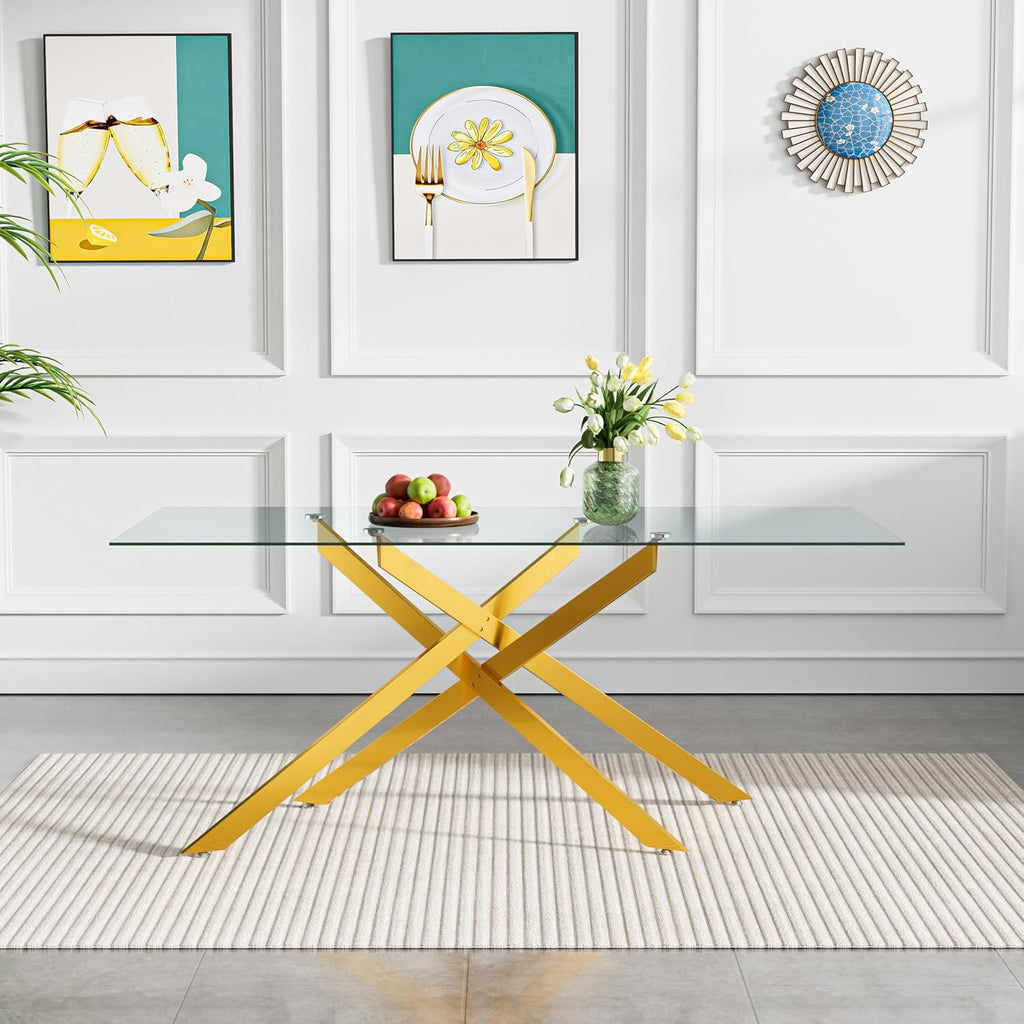 7 Piece Glass Dining Table Set Modern Glass Dining Table Set for 6, 61" Rectangular Gold Kitchen Table and 6 Velvet Upholstered Chairs, Gold Table & Beige Chair