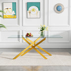 7 Piece Glass Dining Table Set Modern Glass Dining Table Set for 6, 61" Rectangular Gold Kitchen Table and 6 Velvet Upholstered Chairs, Gold Table & Beige Chair