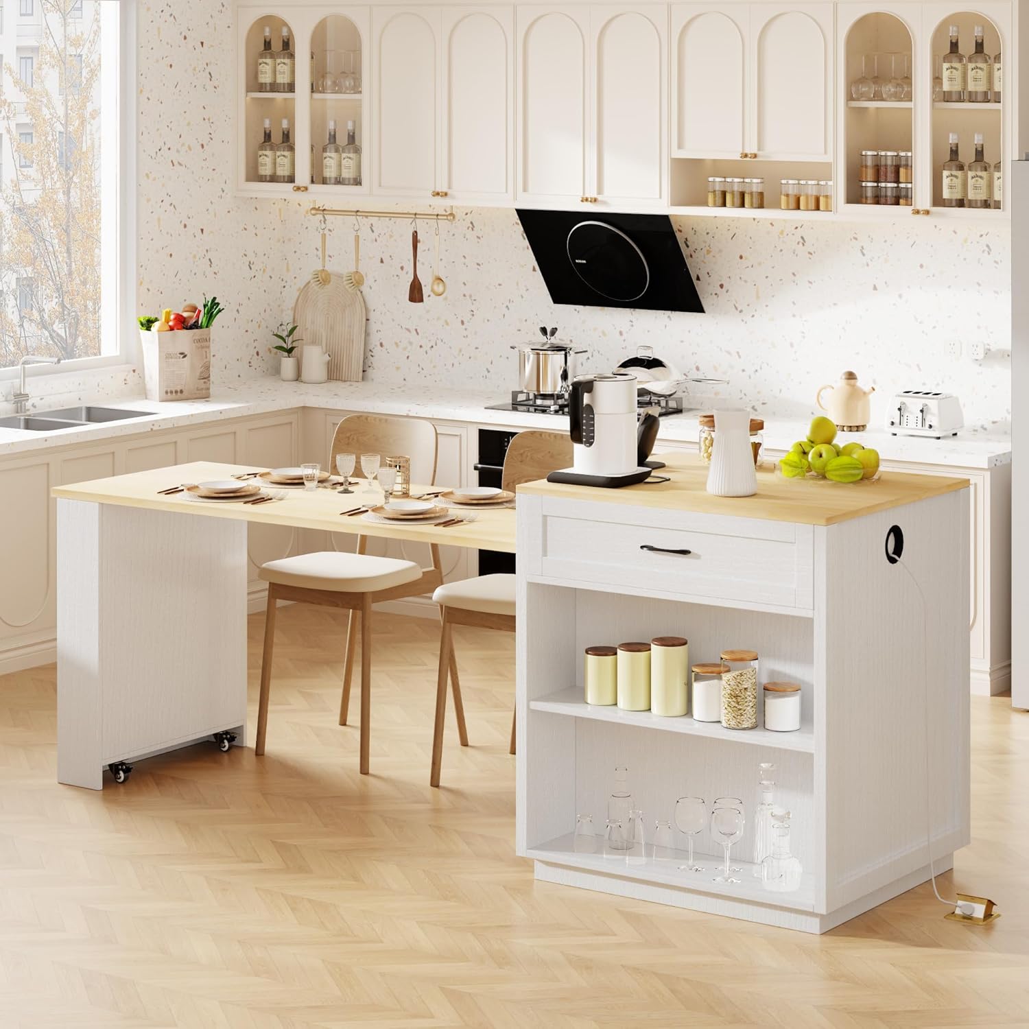 82.7" Kitchen Island with Extendable Dining Table, Faux Mable Table with Double-Sized Storage, Power Outlet, 2 Drawers, 2 Side Open Shelves for 4-6 Kitchen, Dining Room, White