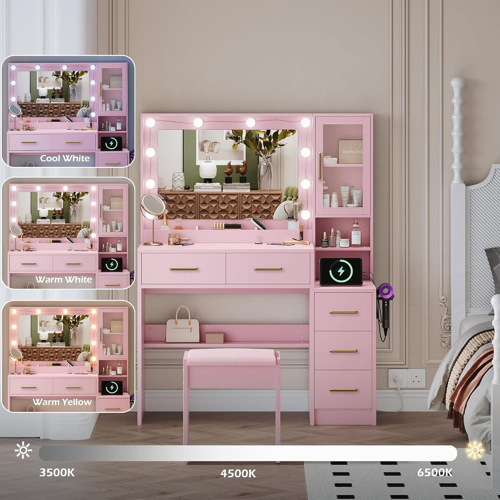 Makeup Vanity with Lights & Charging Station, Pink Vanity Table with 5 Dr...